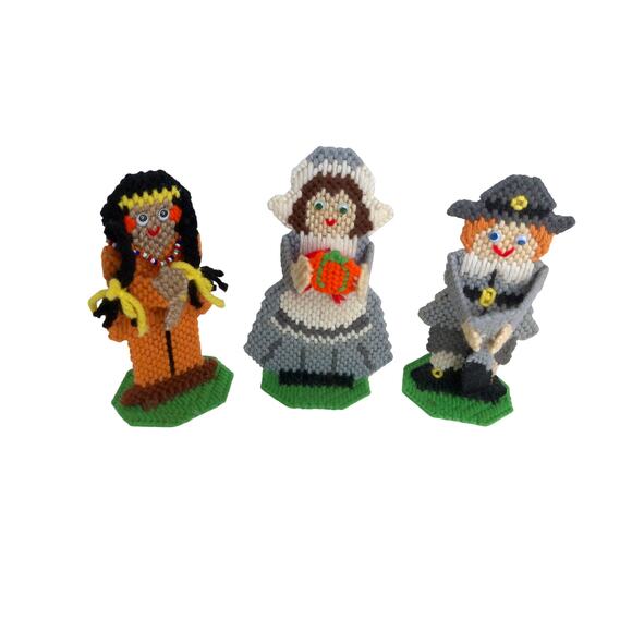Vintage Thanksgiving Canvas Needlepoint Pilgrim Indian Table Decor Set Of 3 - Picture 2 of 6